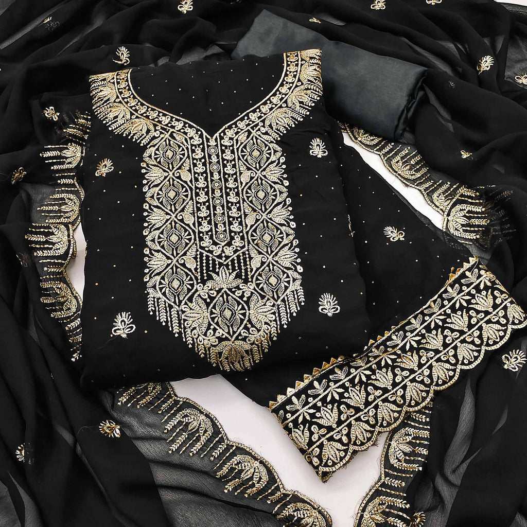 Black Floral Embroidered With Stonework Georgette Dress Material