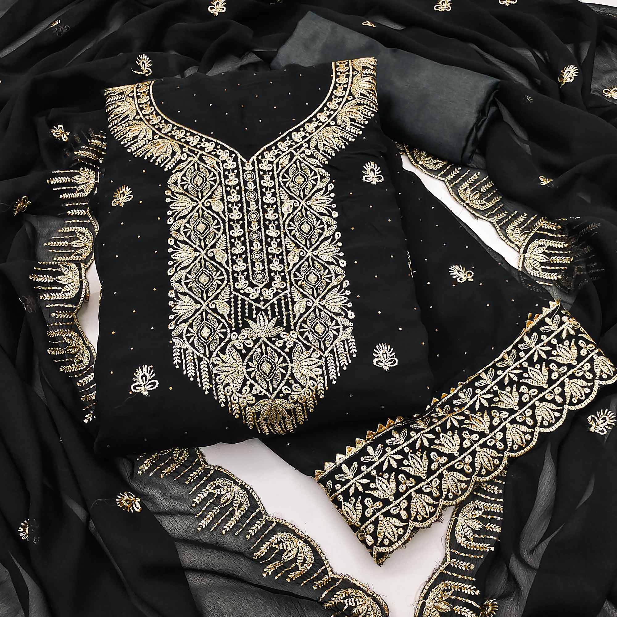 Black Floral Embroidered With Stonework Georgette Dress Material