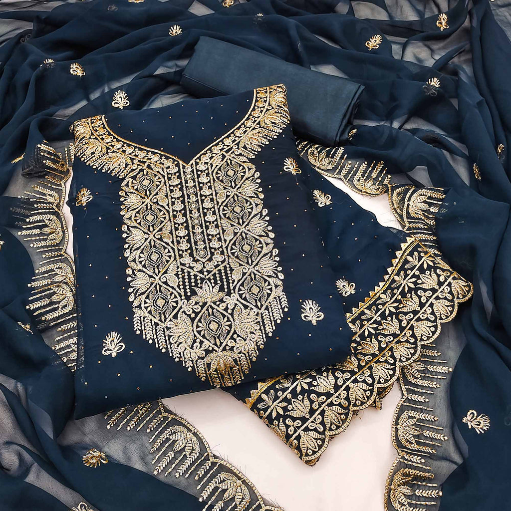 Blue Floral Embroidered With Stonework Georgette Dress Material