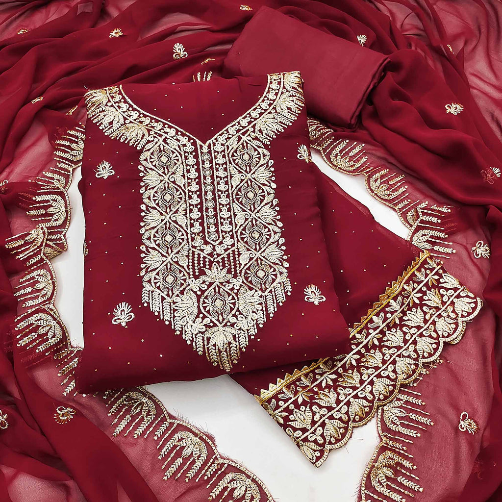 Maroon Floral Embroidered With Stonework Georgette Dress Material