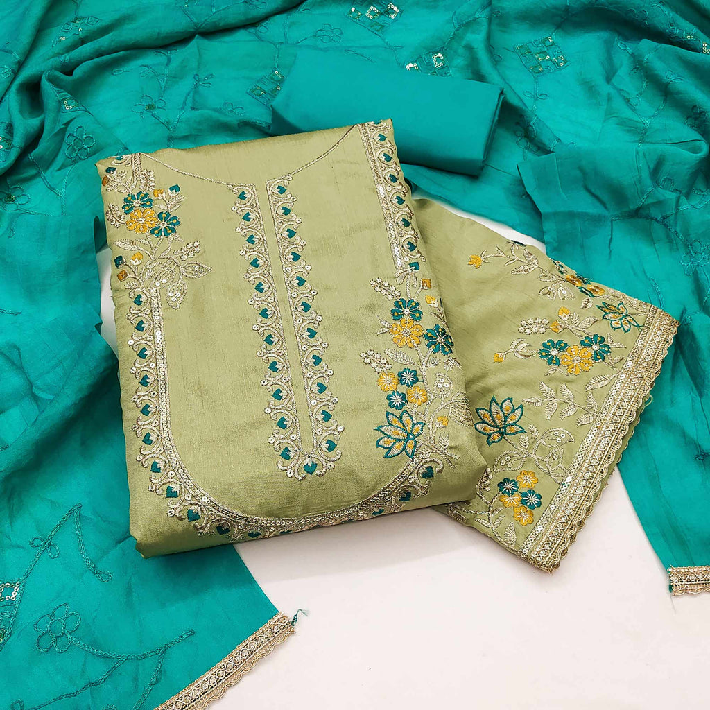 Green Floral Sequins Embroidered Art Silk Dress Material