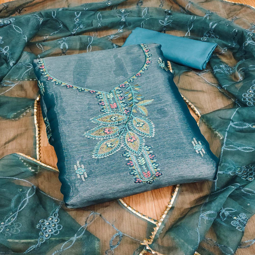 Blue Floral Sequins Embroidered Banarasi Silk Dress Material