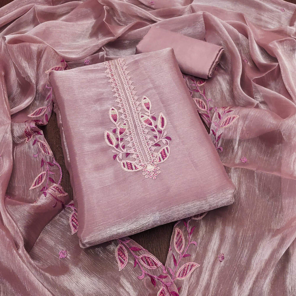 Onion Pink Floral Sequins Embroidered Burberry Zoya Silk Dress Material