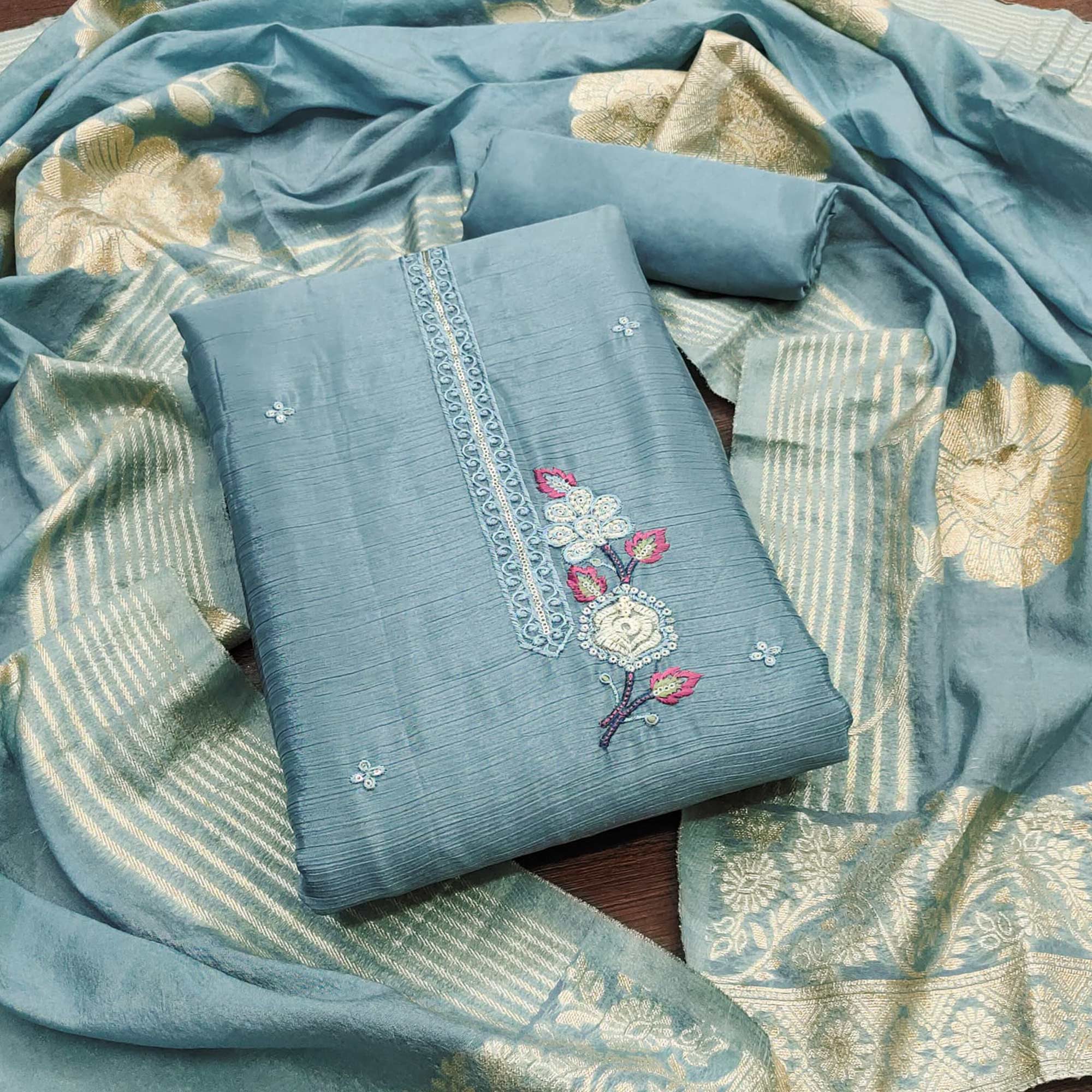 Blue Floral Embroidered Chinon Silk Dress Material