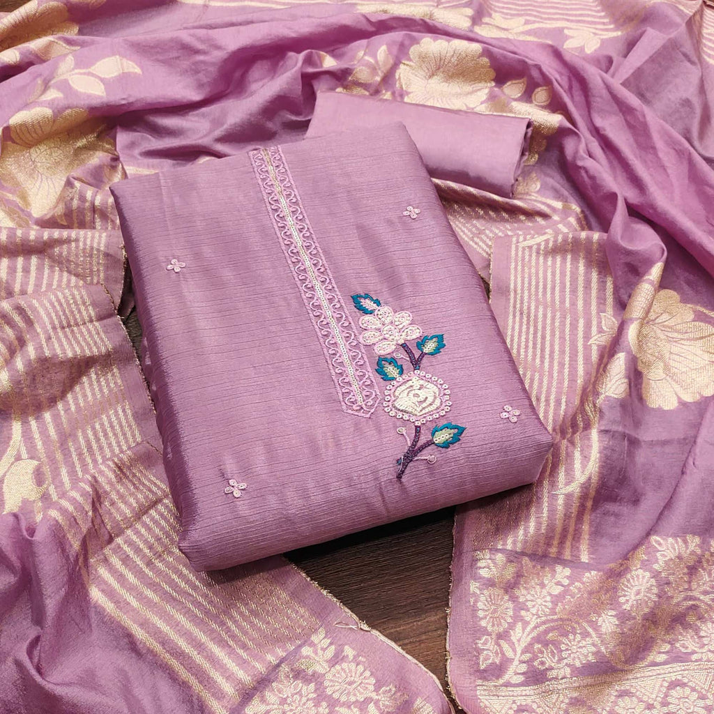 Lilac Purple Floral Embroidered Chinon Silk Dress Material