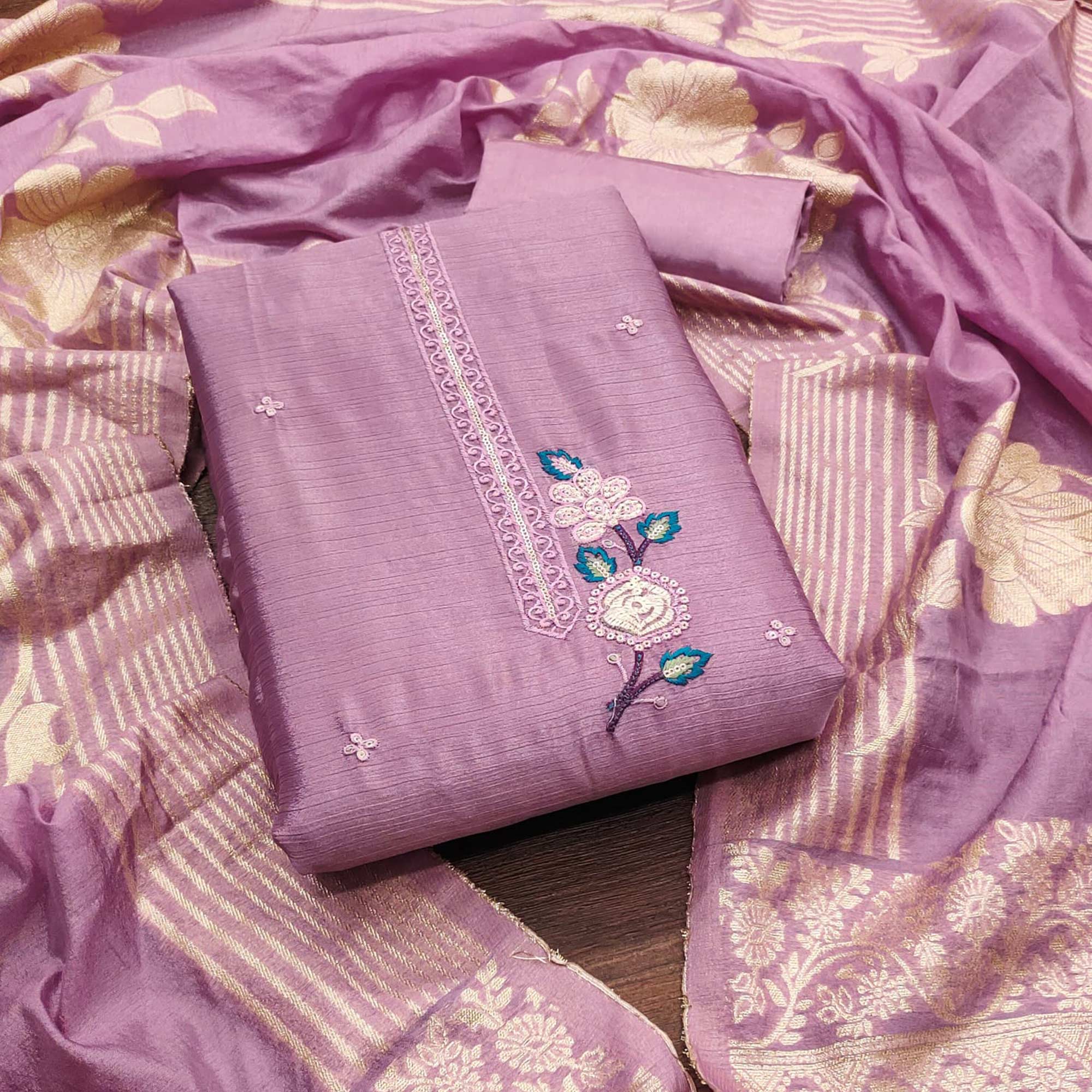 Lilac Purple Floral Embroidered Chinon Silk Dress Material