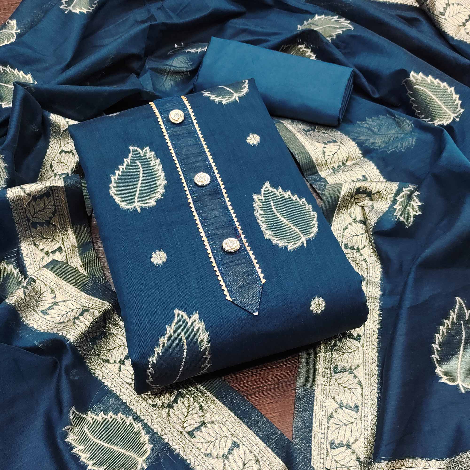 Blue Floral Woven Shimmer Jacquard Dress Material