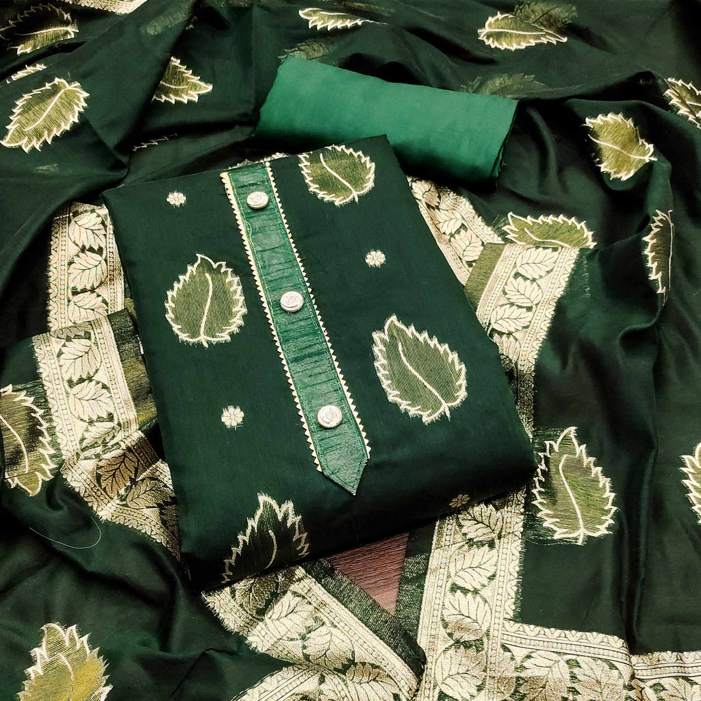 Green Floral Woven Shimmer Jacquard Dress Material