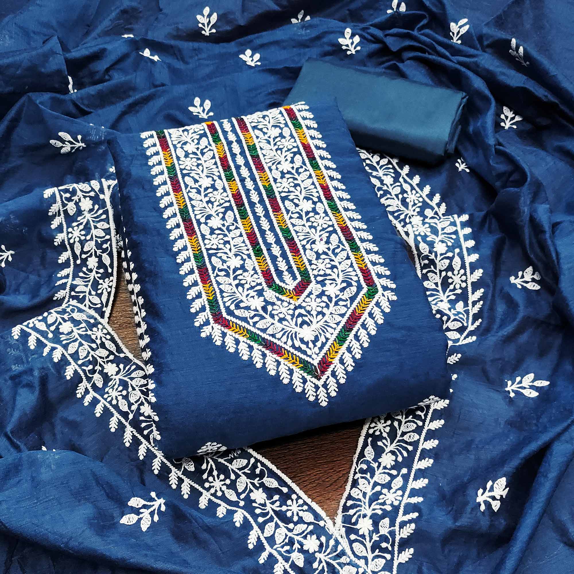 Blue Floral Embroidered Modal Chanderi Silk Dress Material