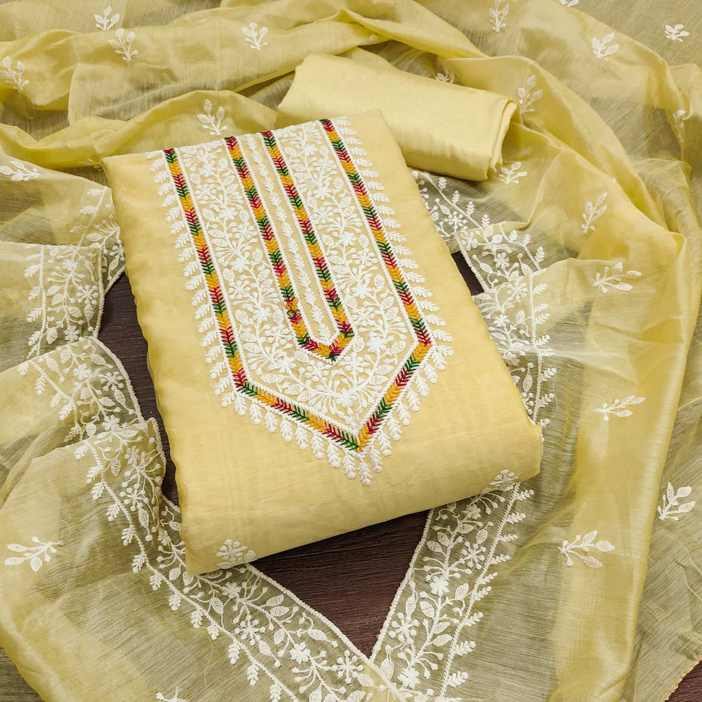 Light Yellow Floral Embroidered Modal Chanderi Silk Dress Material