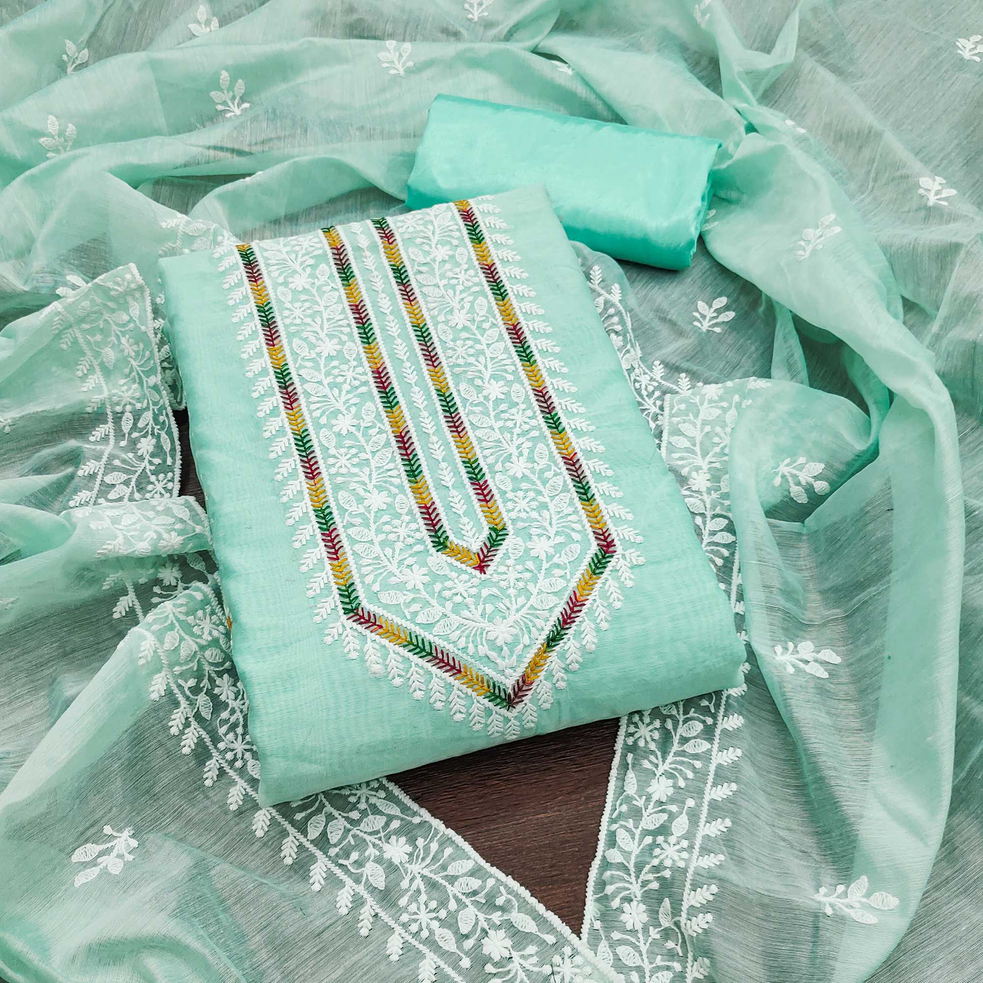 Light Turquoise Floral Embroidered Modal Chanderi Silk Dress Material