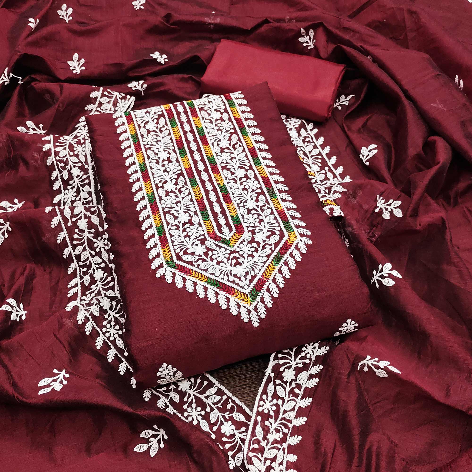 Maroon Floral Embroidered Modal Chanderi Silk Dress Material