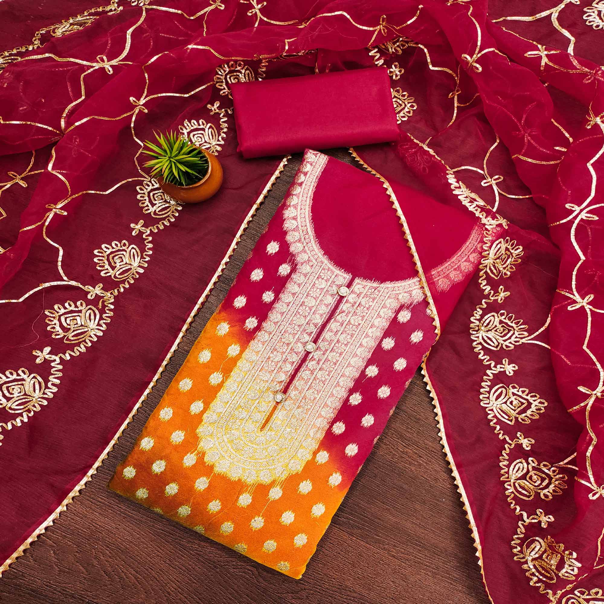 Cherry Red Floral Woven Organza Jacquard Dress Material