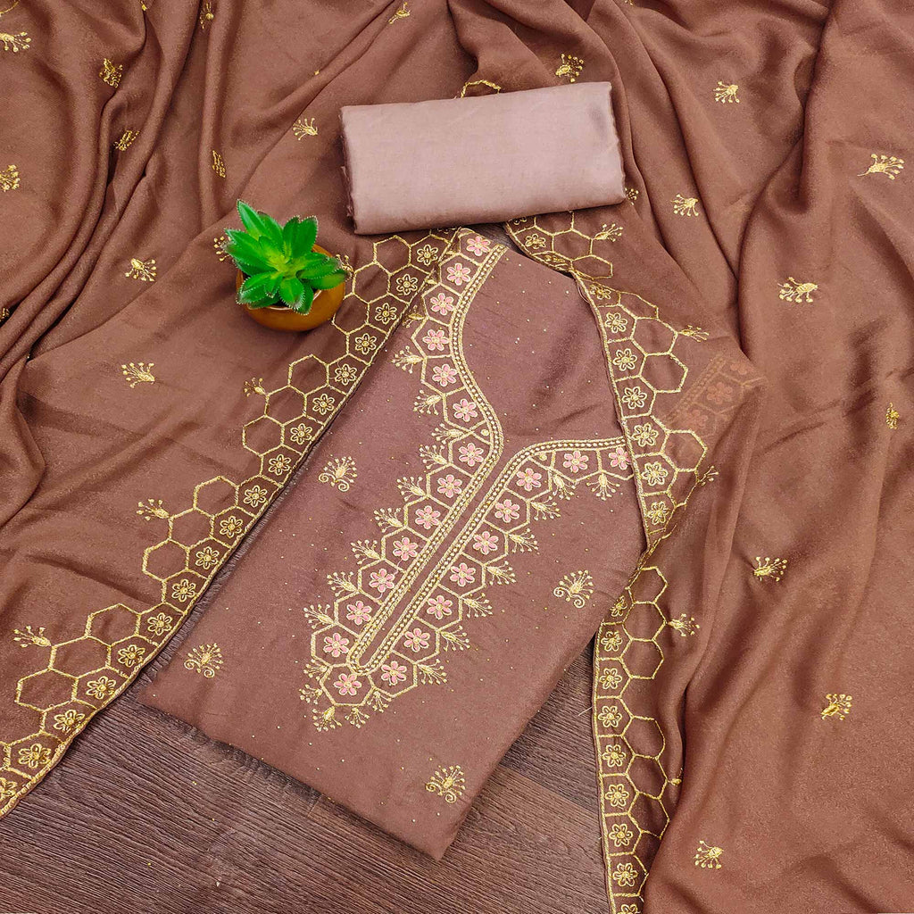 Brown Floral Embroidered Georgette Dress Material