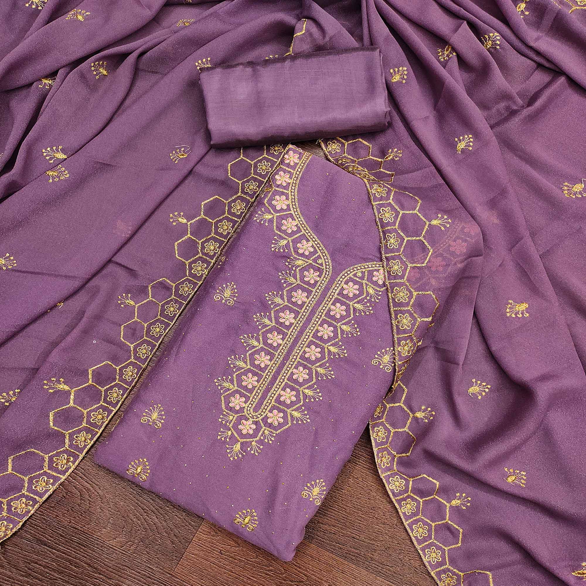 Lavender Floral Embroidered Georgette Dress Material