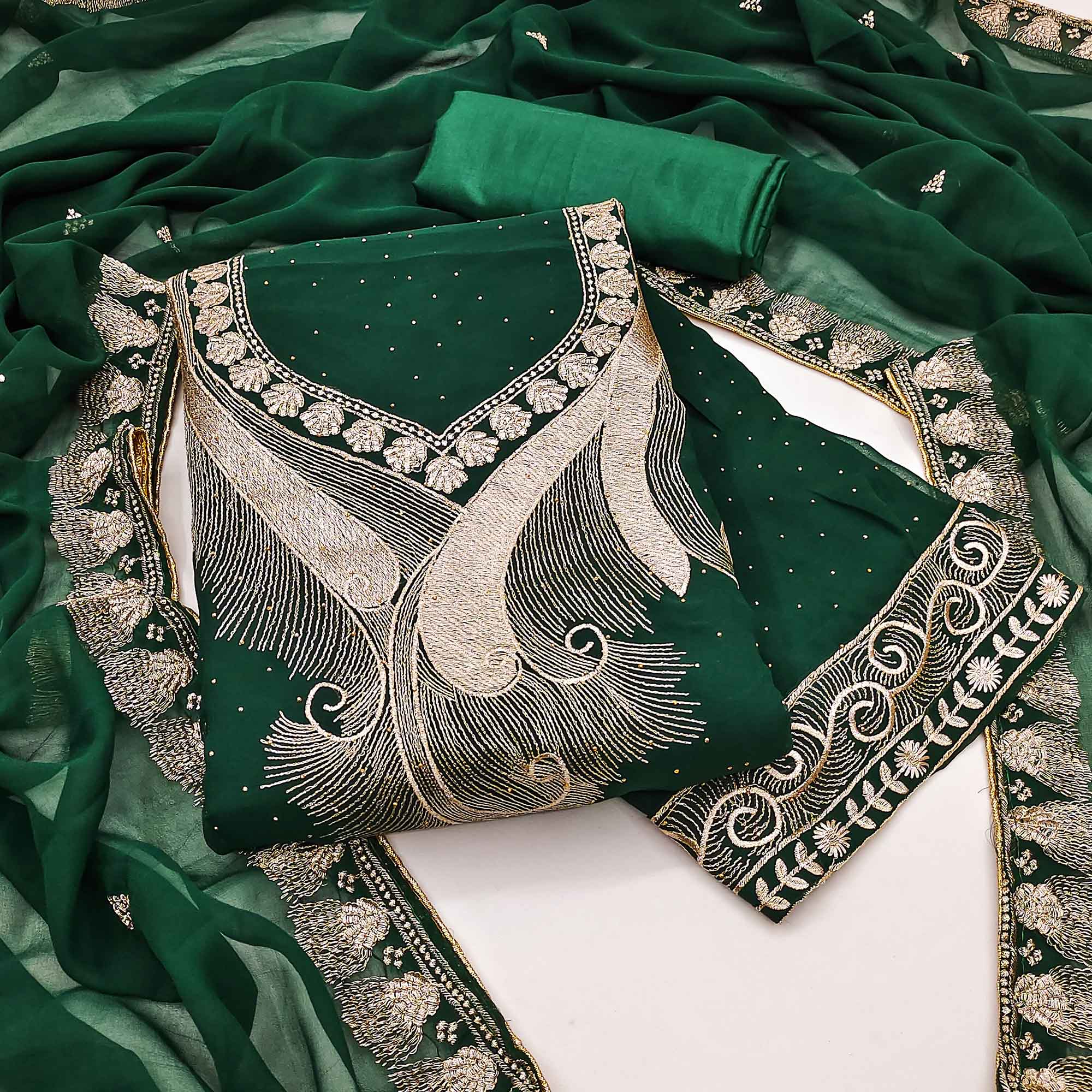 Green Embroidered With Swarovski Work Georgette Dress Material