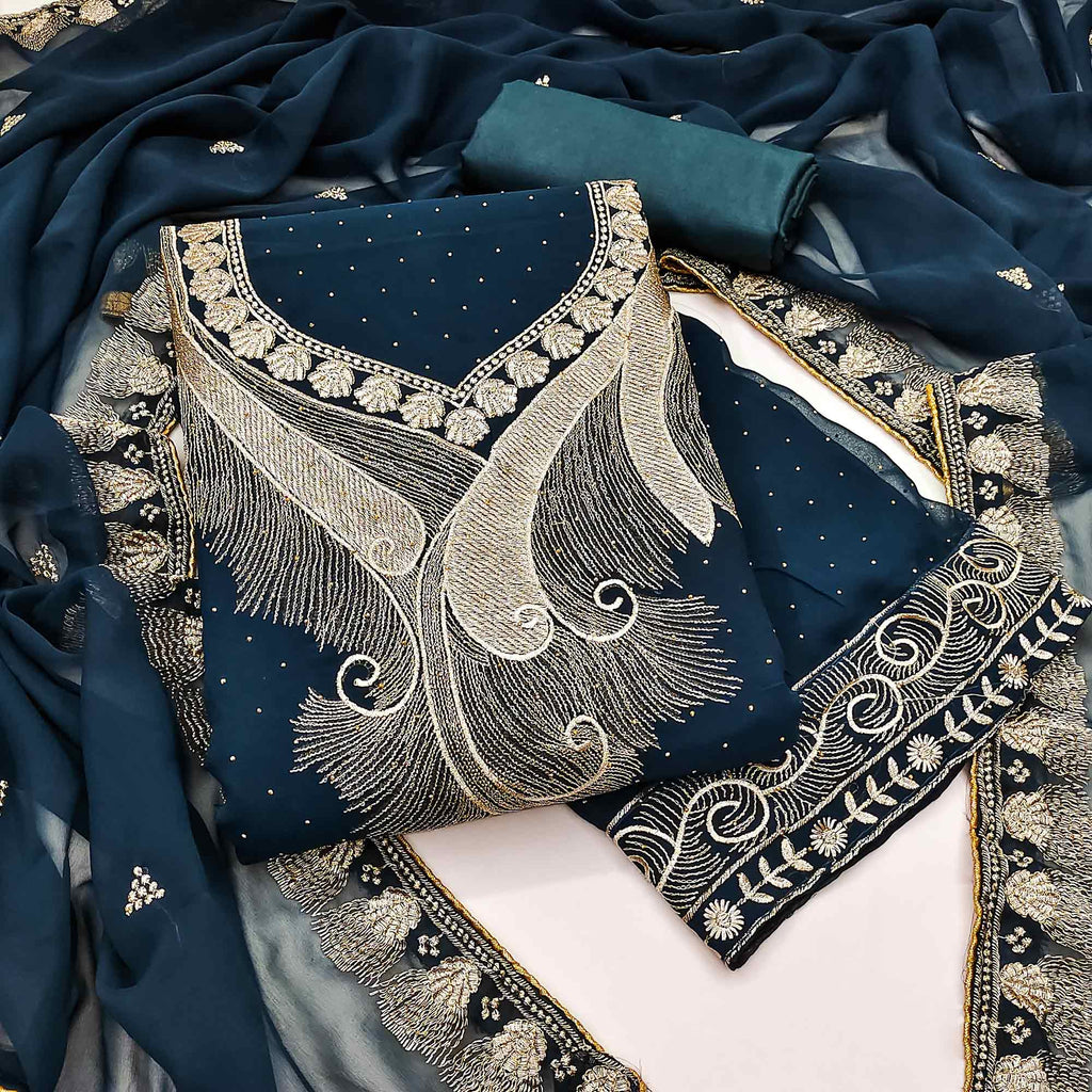 Morpich Blue Embroidered With Swarovski Work Georgette Dress Material