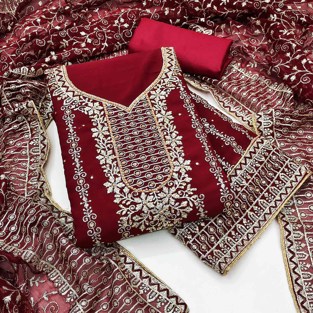 Maroon Floral Embroidered Georgette Dress Material