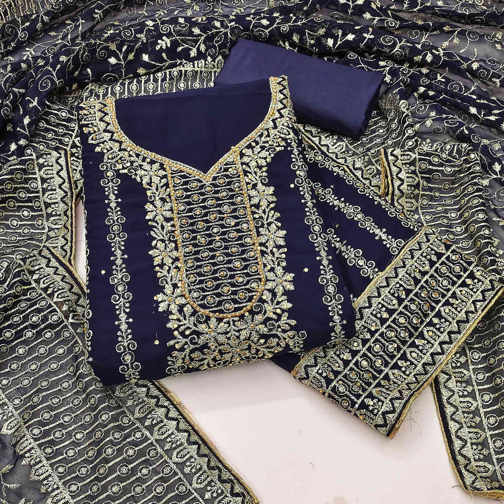 Navy Blue Floral Embroidered Georgette Dress Material