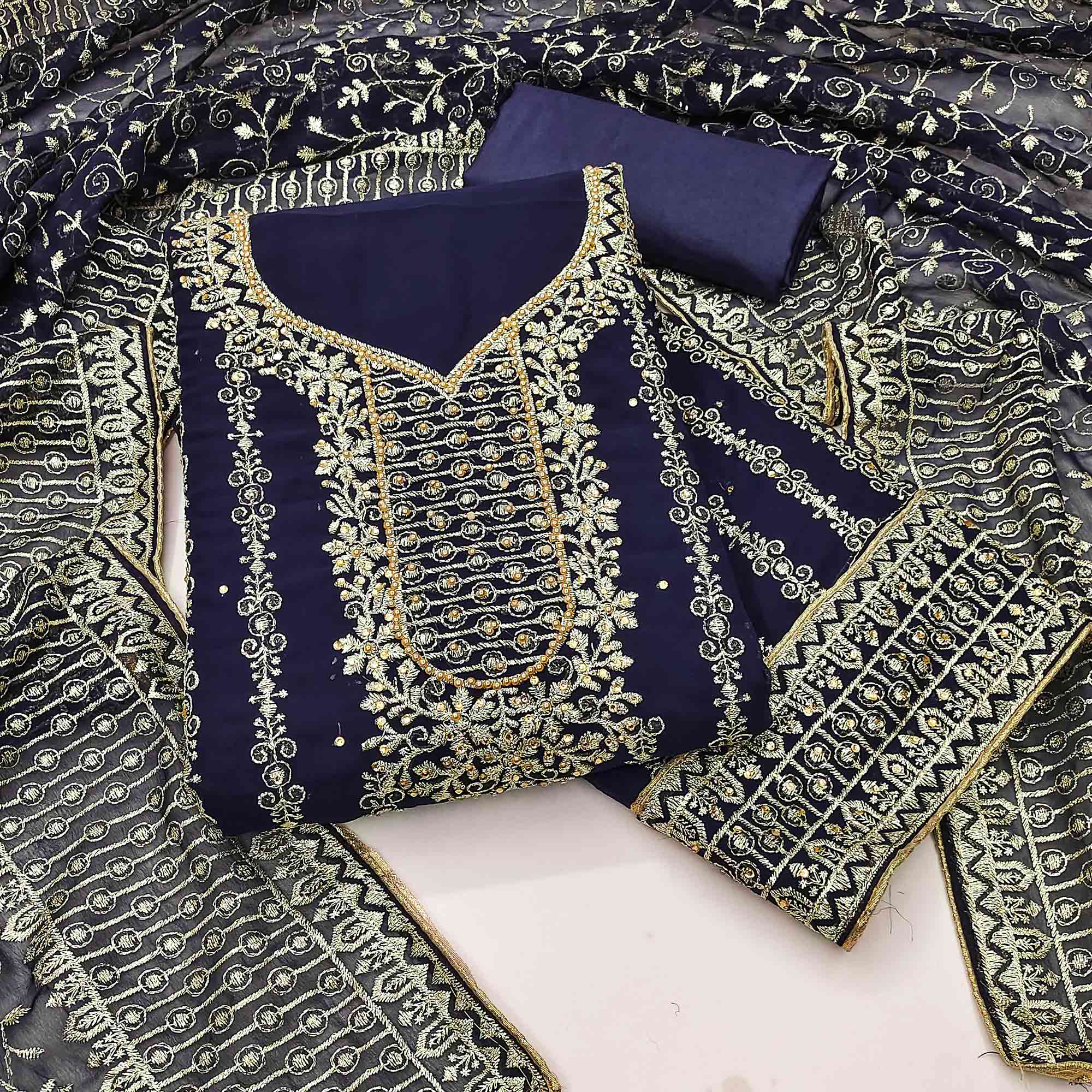 Navy Blue Floral Embroidered Georgette Dress Material