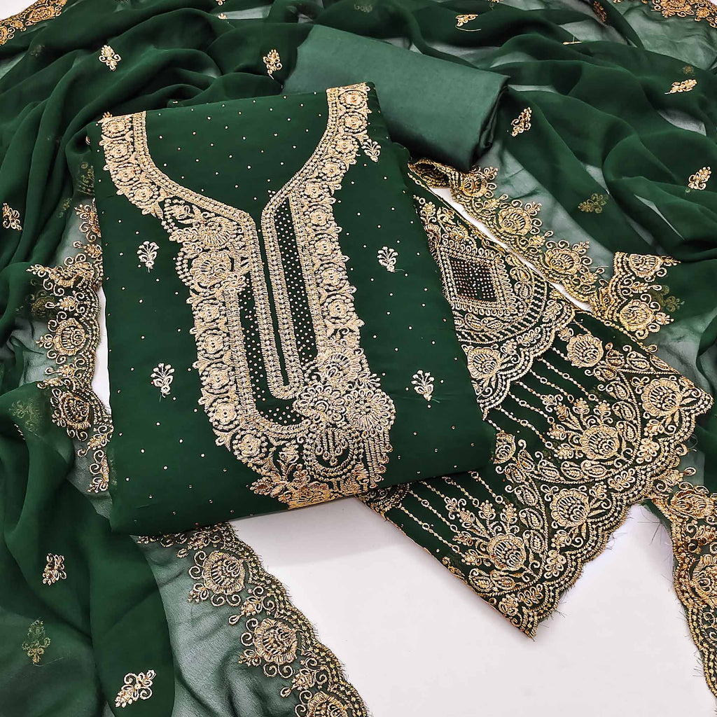Green Embroidered With Swarovski Work Georgette Dress Material