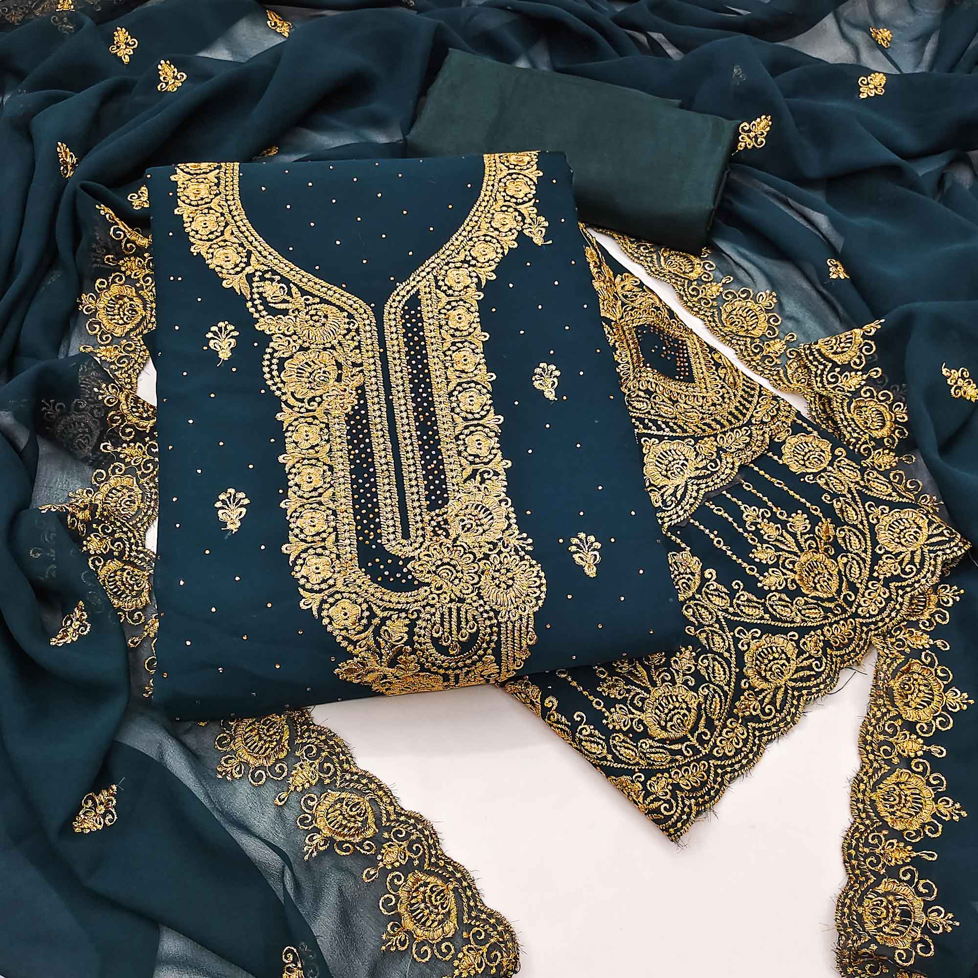 Morpich Blue Embroidered With Swarovski Work Georgette Dress Material