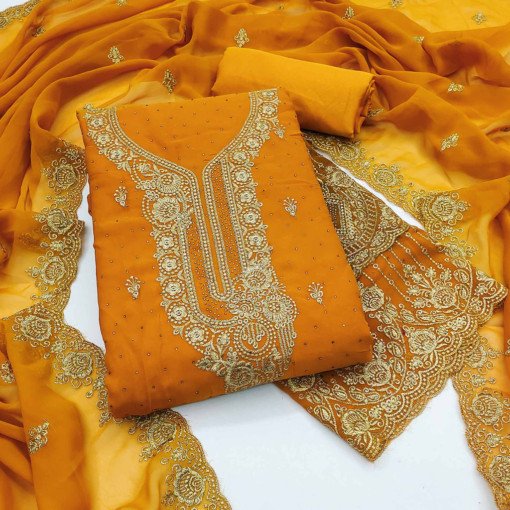 Mustard Embroidered With Swarovski Work Georgette Dress Material