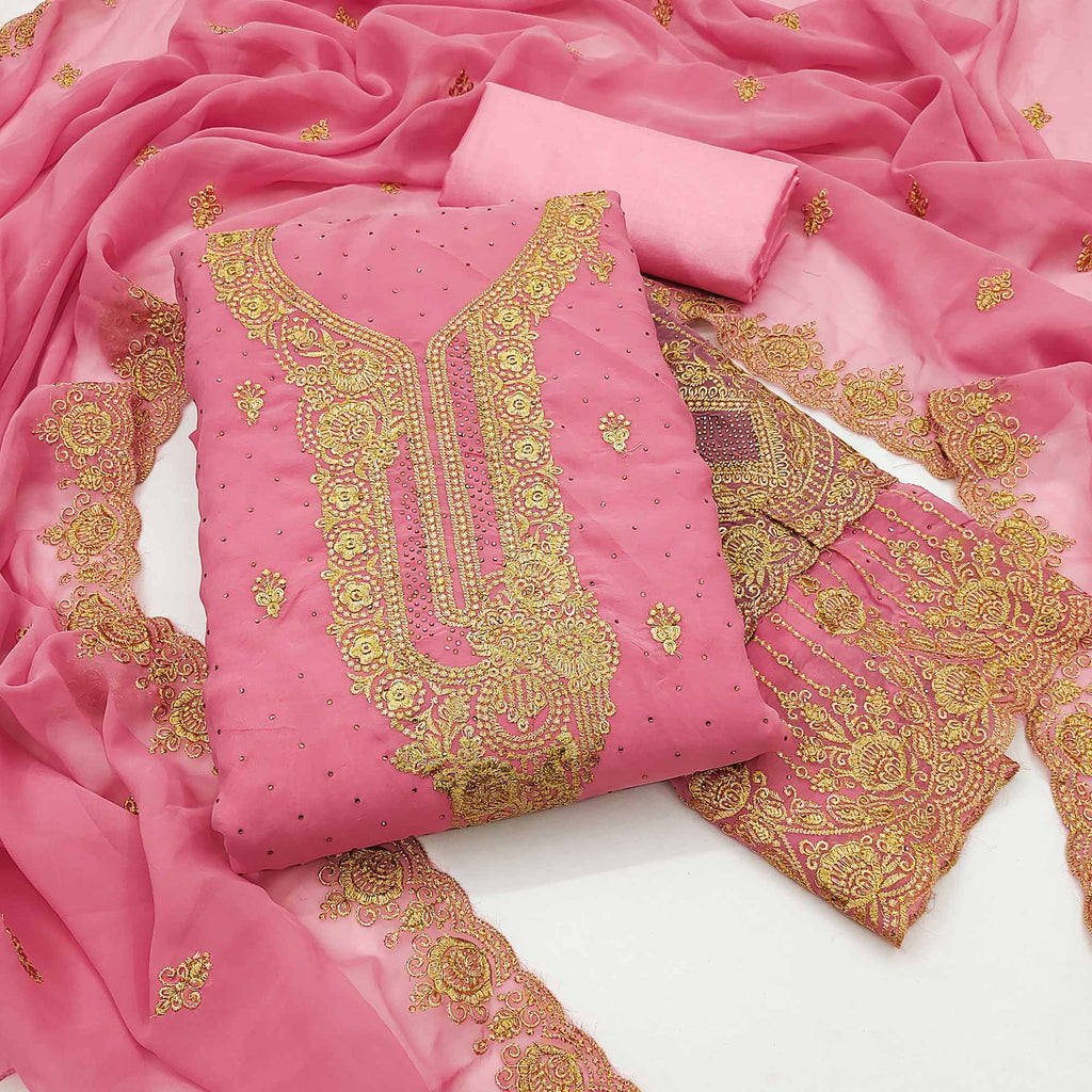 Pink Embroidered With Swarovski Work Georgette Dress Material