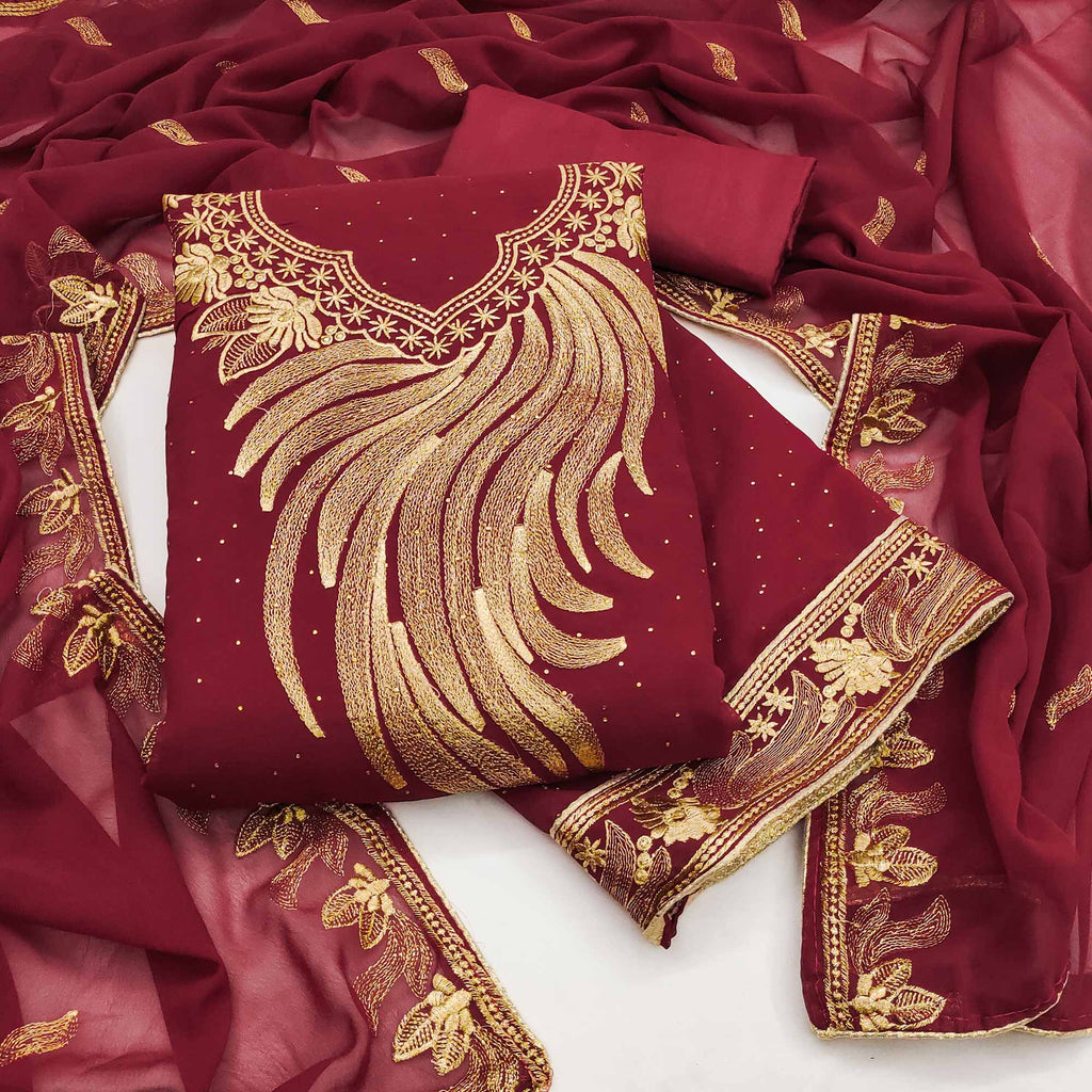 An Ethereal Charm Maroon Floral Embroidery With Stone Work Georgette Dress Material