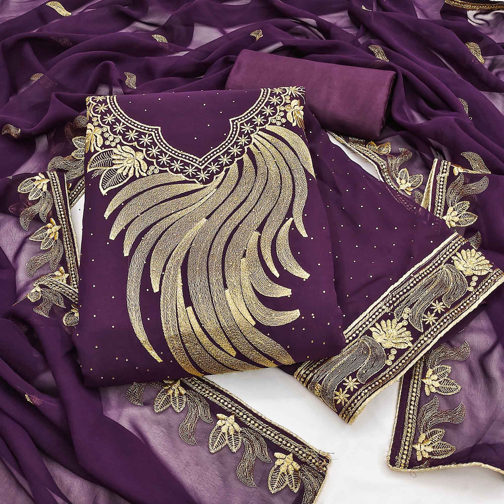 A Mesmerizing Creation Wine Floral Embroidery With Stone Work Georgette Dress Material