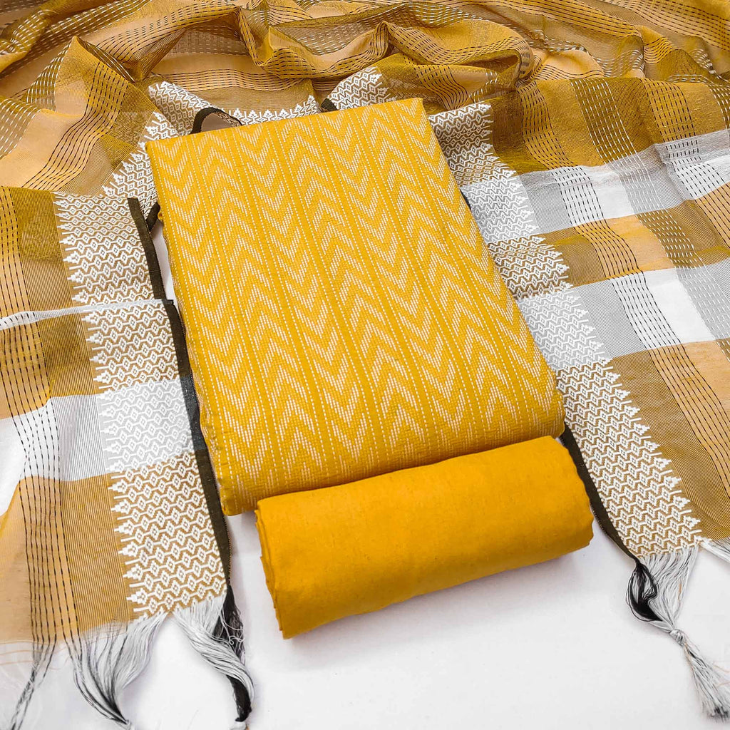 Make a Statement With Mustard Chevron Woven Pattern Cotton Blend Dress Material