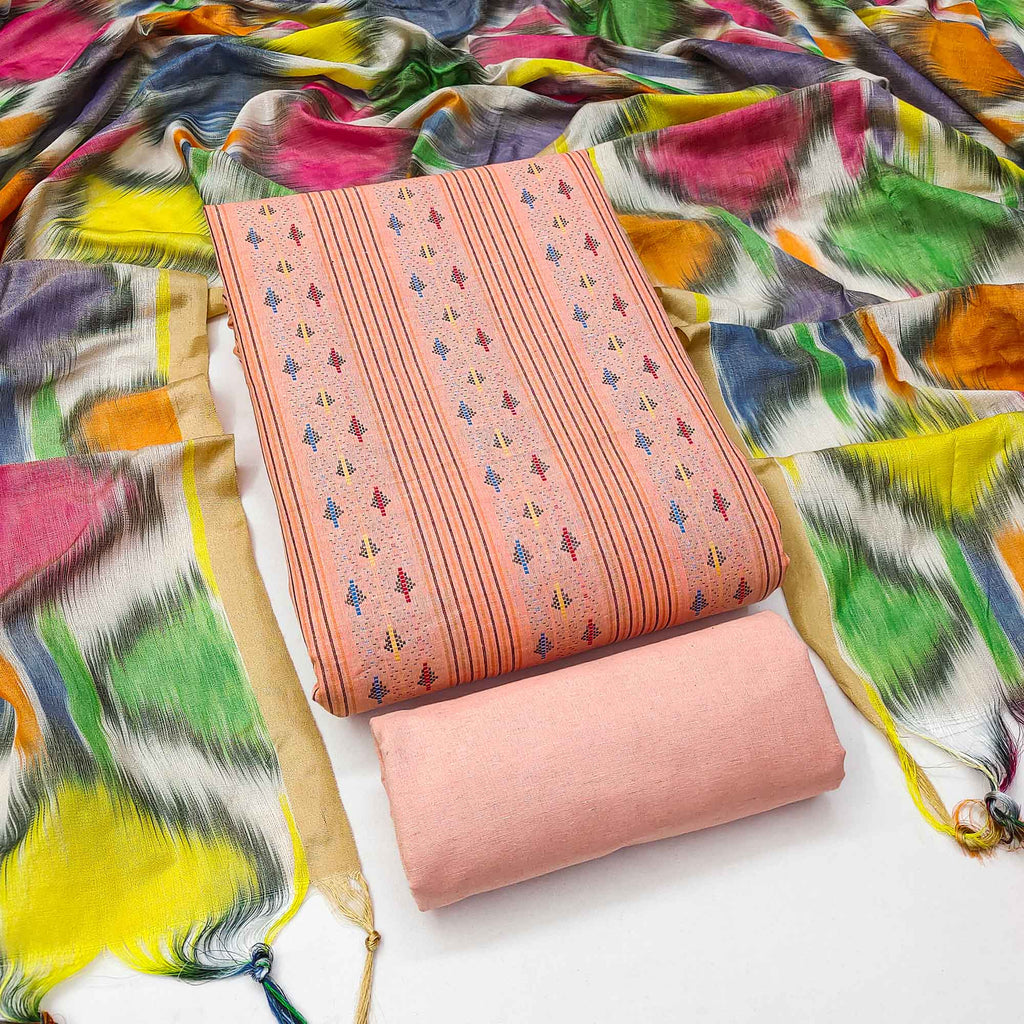 Drape Yourself In Luxury Peach Woven Cotton Blend Dress Material