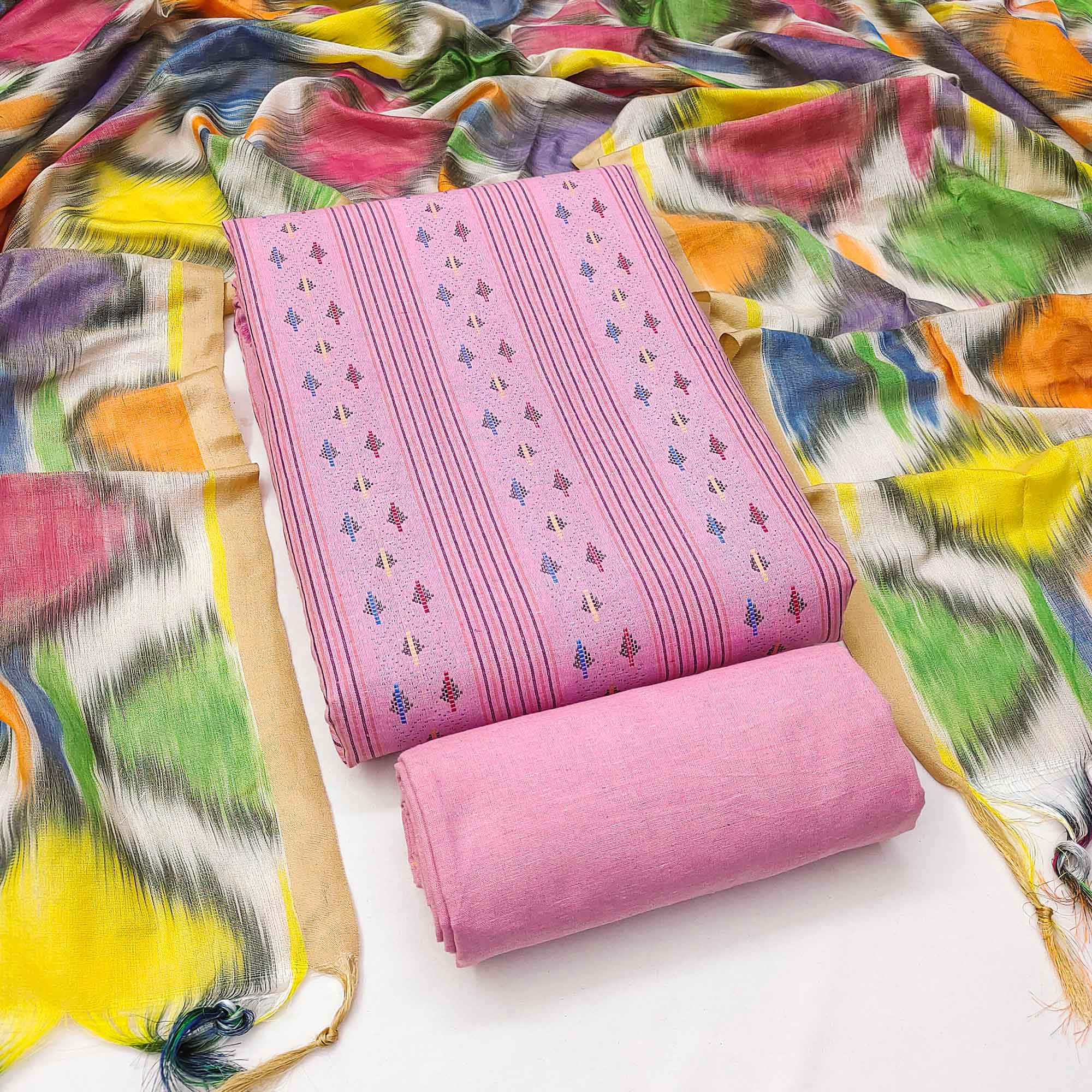 A Mesmerizing Creation Pink Woven Cotton Blend Dress Material