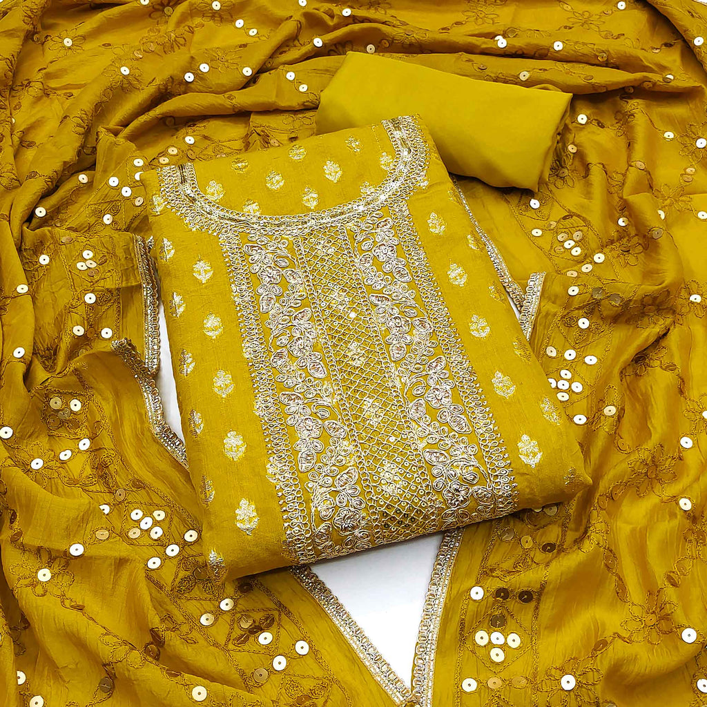 A Timeless Beauty Light Mustard Floral Cording Zari Embroidered Chanderi Dress Material