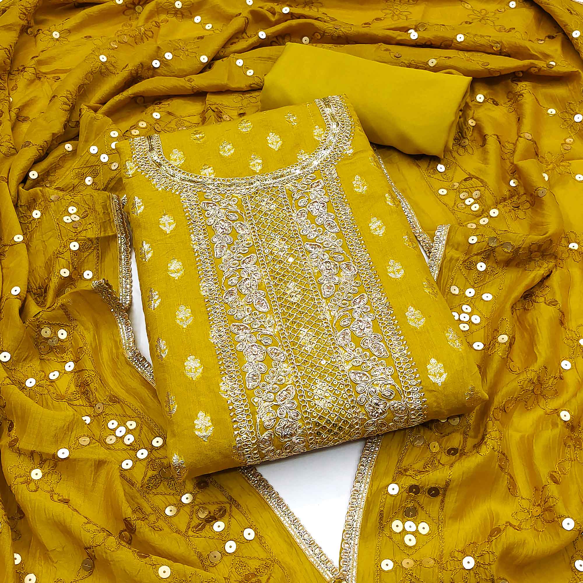 A Timeless Beauty Light Mustard Floral Cording Zari Embroidered Chanderi Dress Material