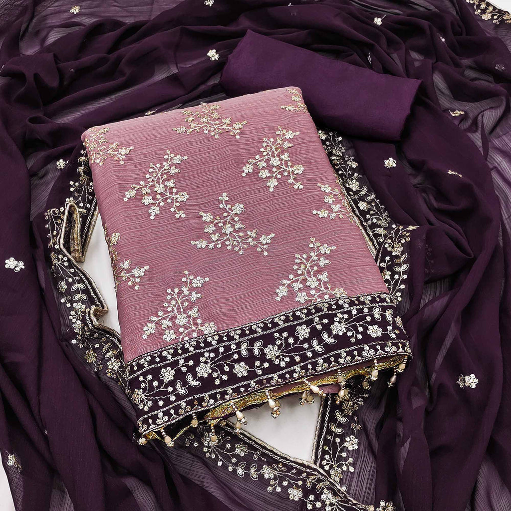 Light Mauve Floral Sequins Embroidered Zomoto Art Silk Dress Material