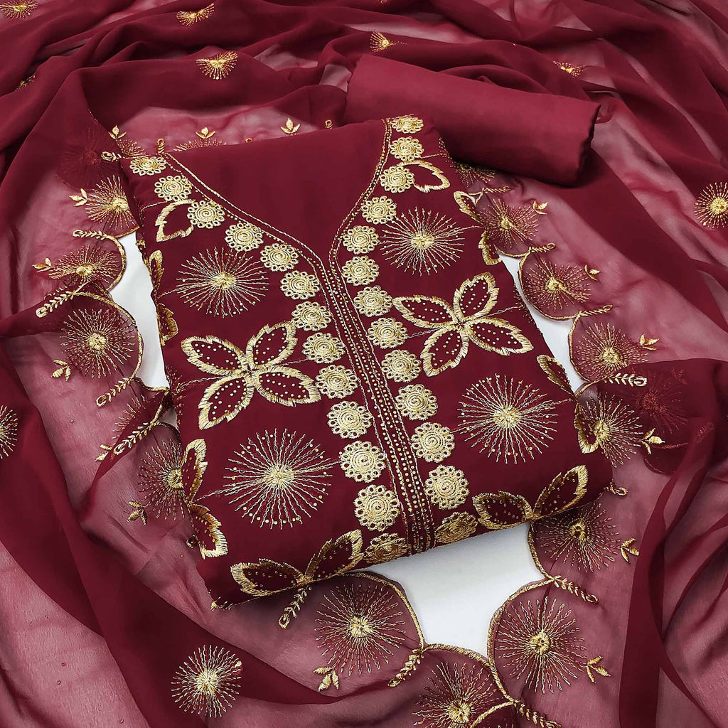 Maroon Georgette Dress Material Featuring Delicate Floral Zari Embroidery
