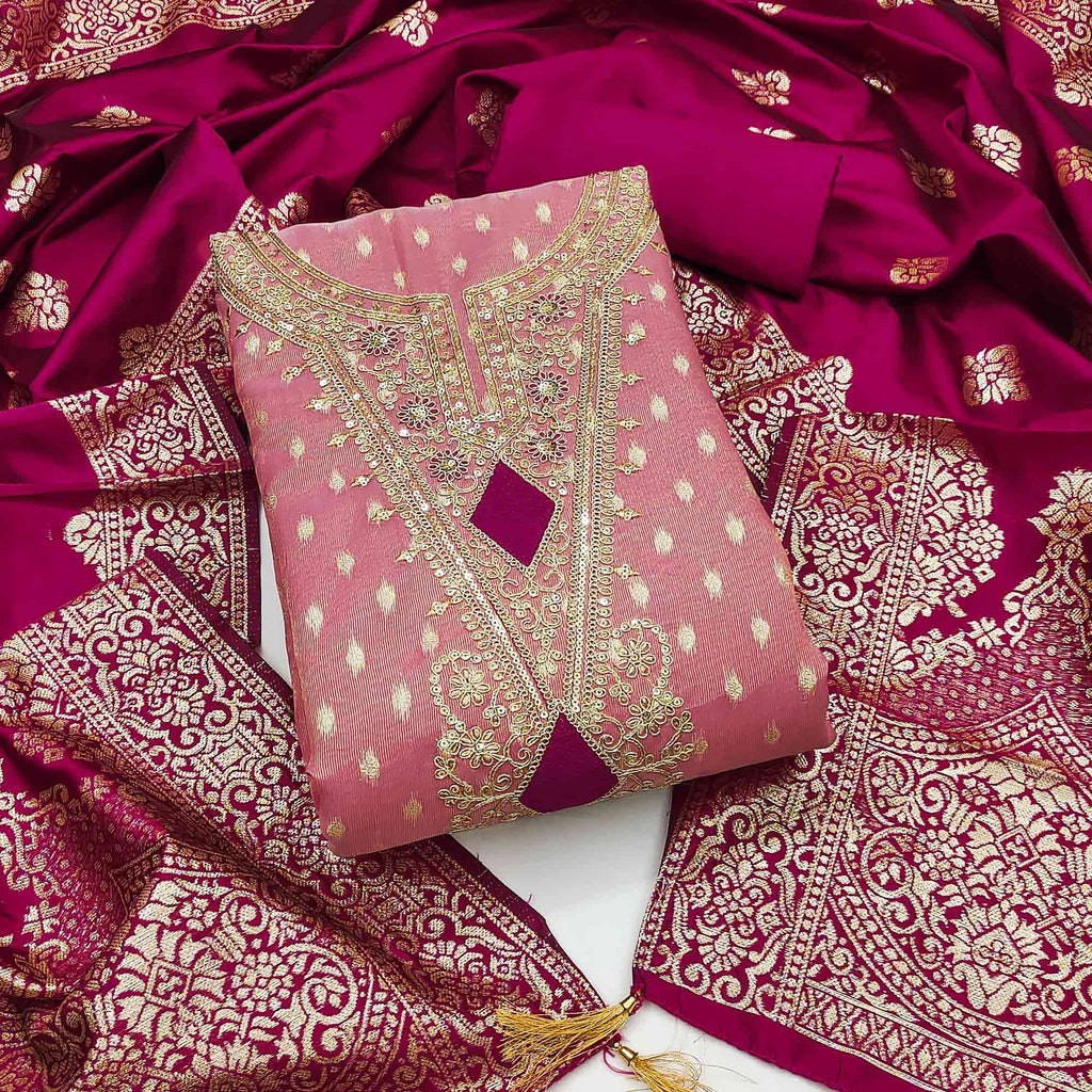 Gajari Pink Woven Banarasi Silk Dress Material With Intricate Cording & Sequin Embellishments