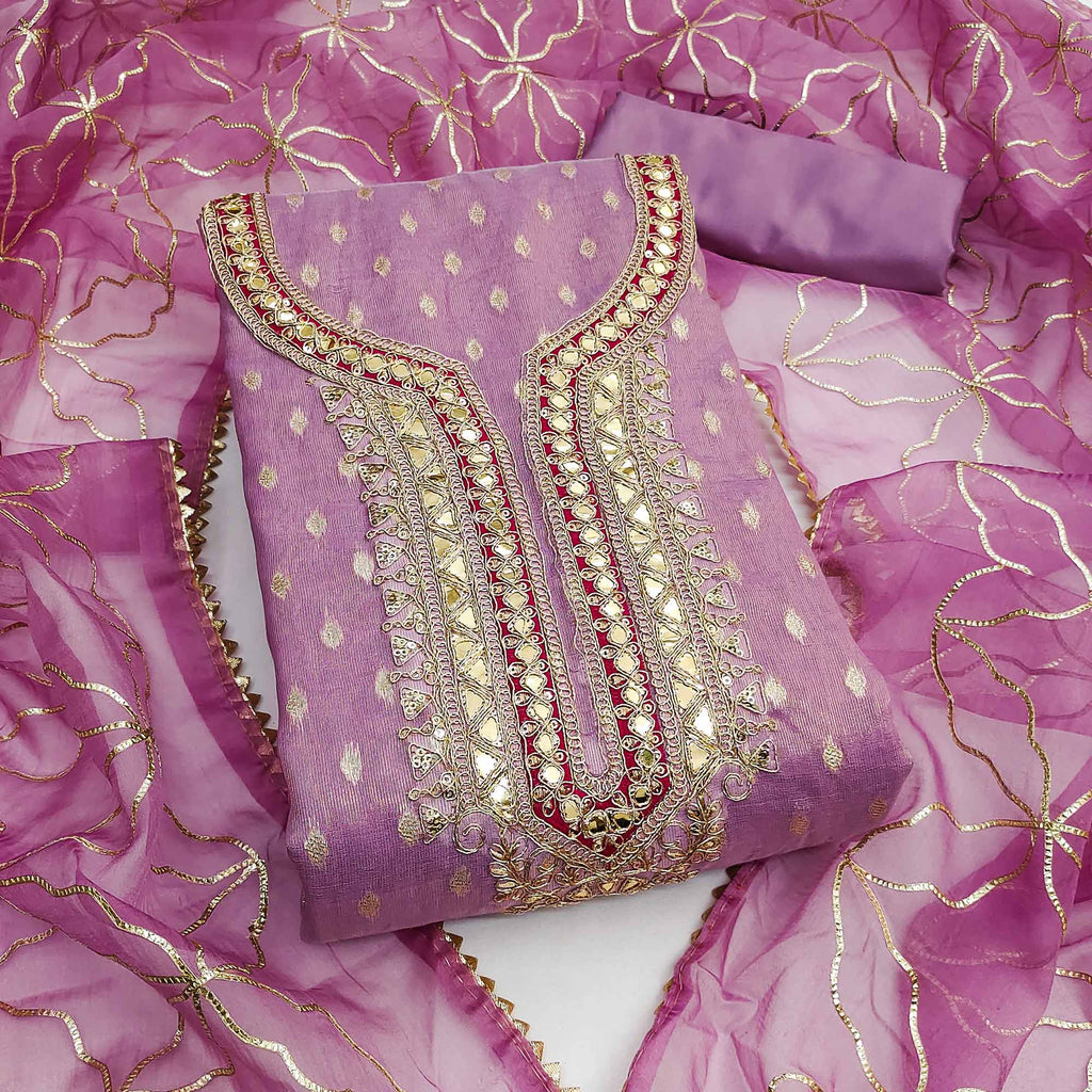 Lavender Woven Shimmer Silk Dress Material Adorned With Sequins & Gota Patti Work