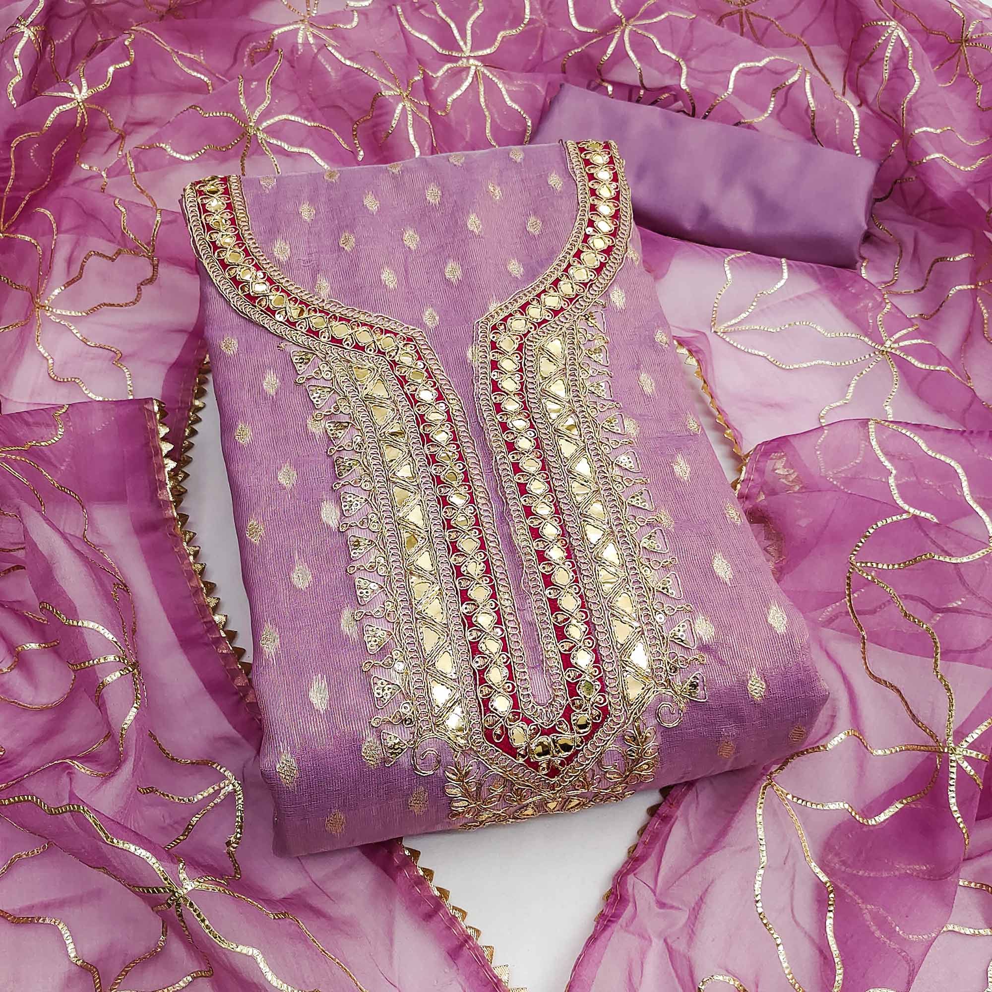 Lavender Woven Shimmer Silk Dress Material Adorned With Sequins & Gota Patti Work