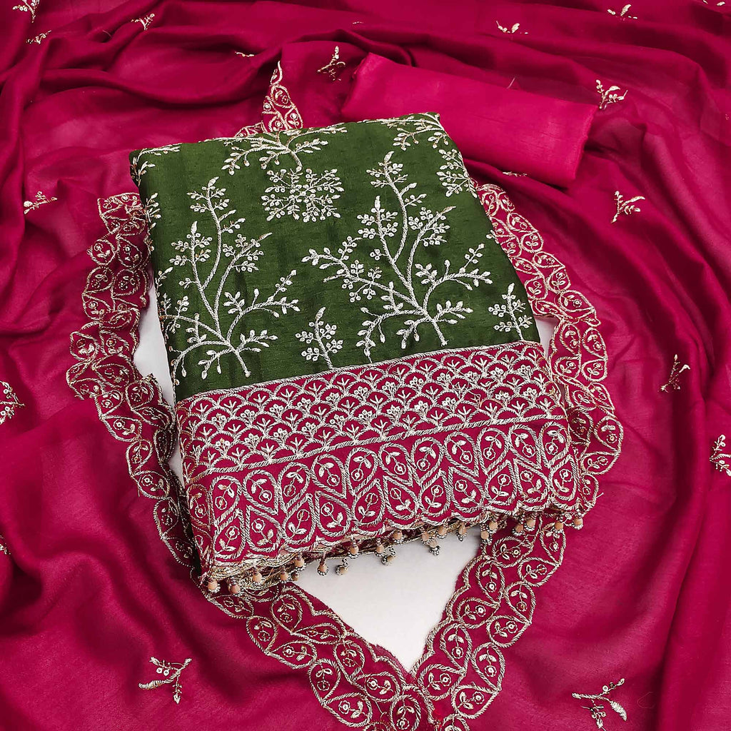 Mehendi Green Vichitra Silk Dress Material With Exquisite Sequins & Zari Embroidery