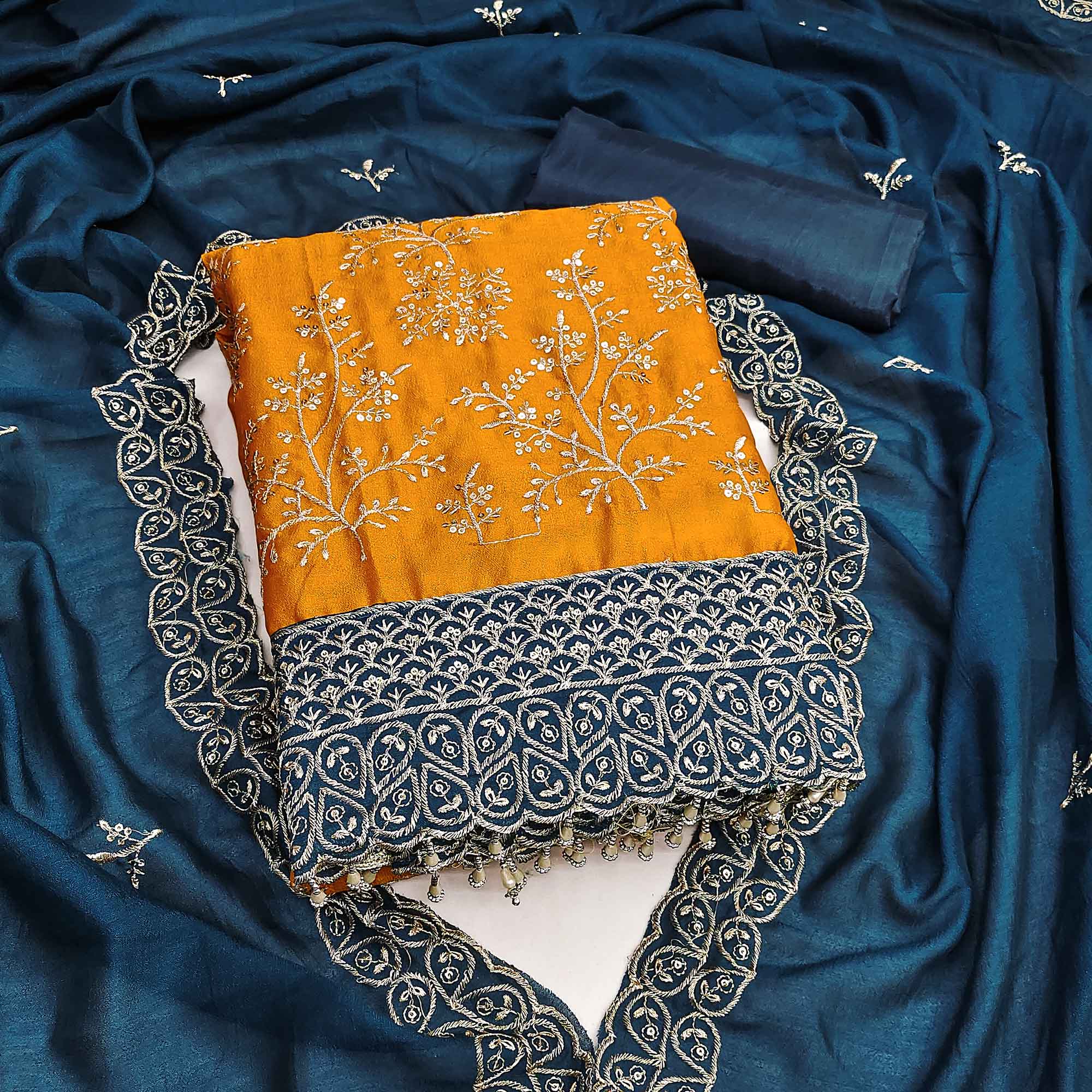 Mustard Vichitra Silk Dress Material With Exquisite Sequins & Zari Embroidery