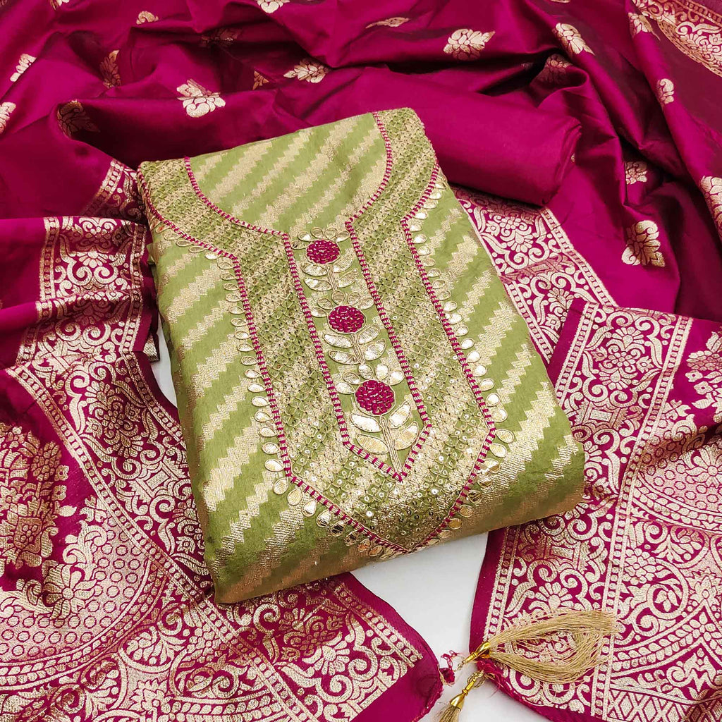 Green Woven With Sequins Embroidery & Gota Patti Work Banarasi Silk Dress Material