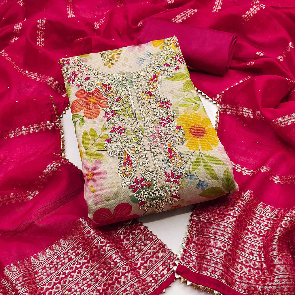 Chikoo Shimmer Silk Dress Material With Floral Digital Print & Sequins Embroidery