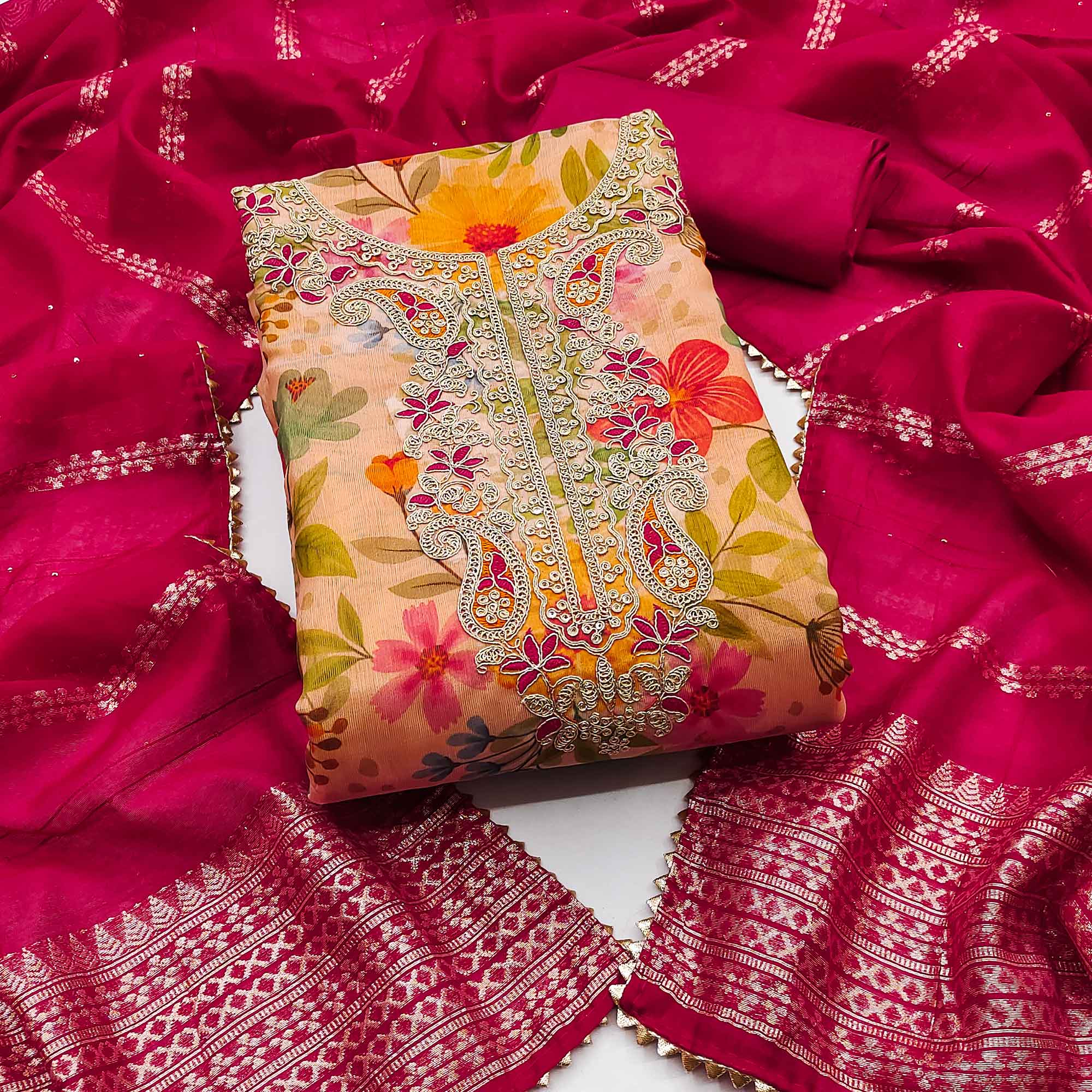 Light Orange Shimmer Silk Dress Material With Floral Digital Print & Sequins Embroidery