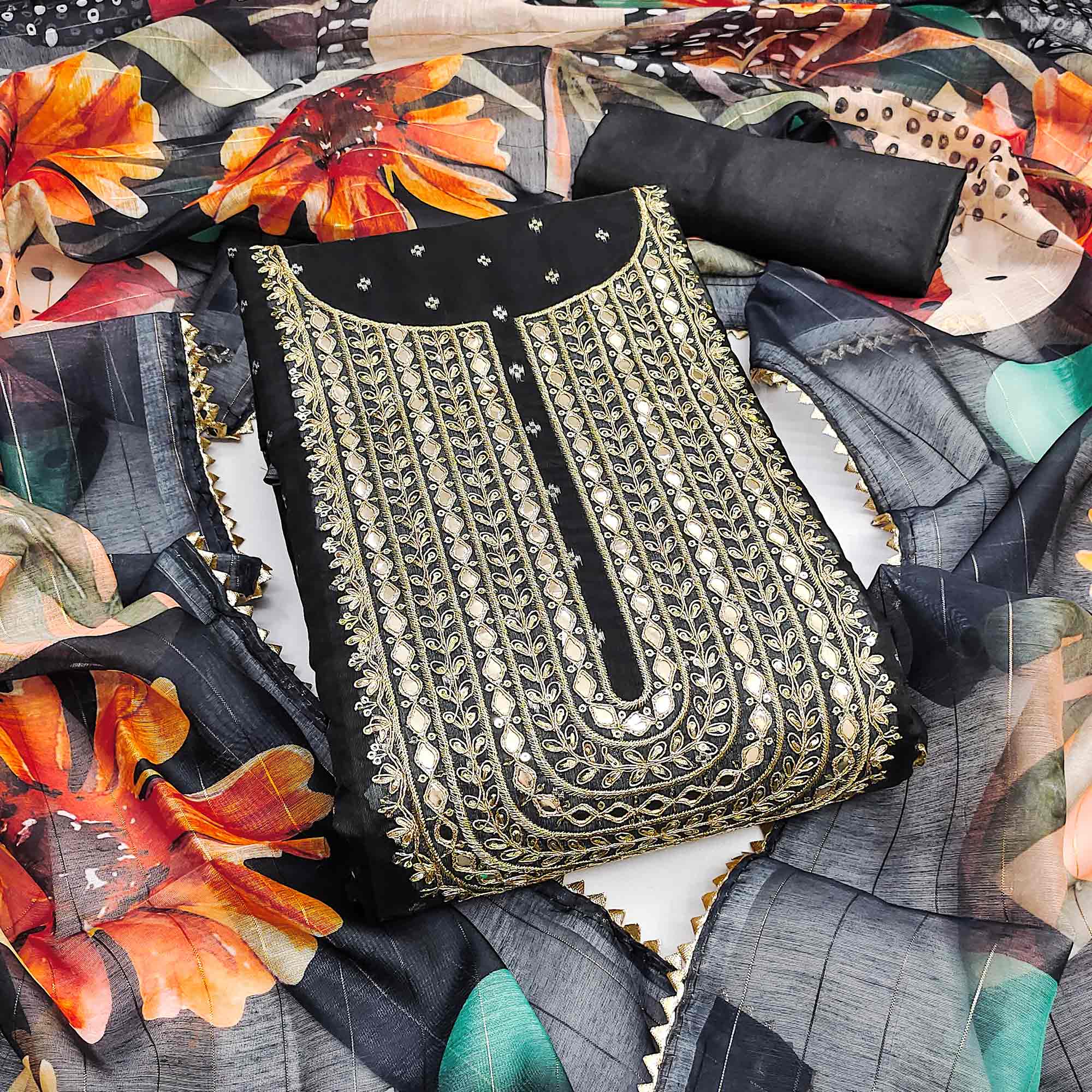 Black Woven With Cording Sequins Embroidered Chanderi Silk Dress Material