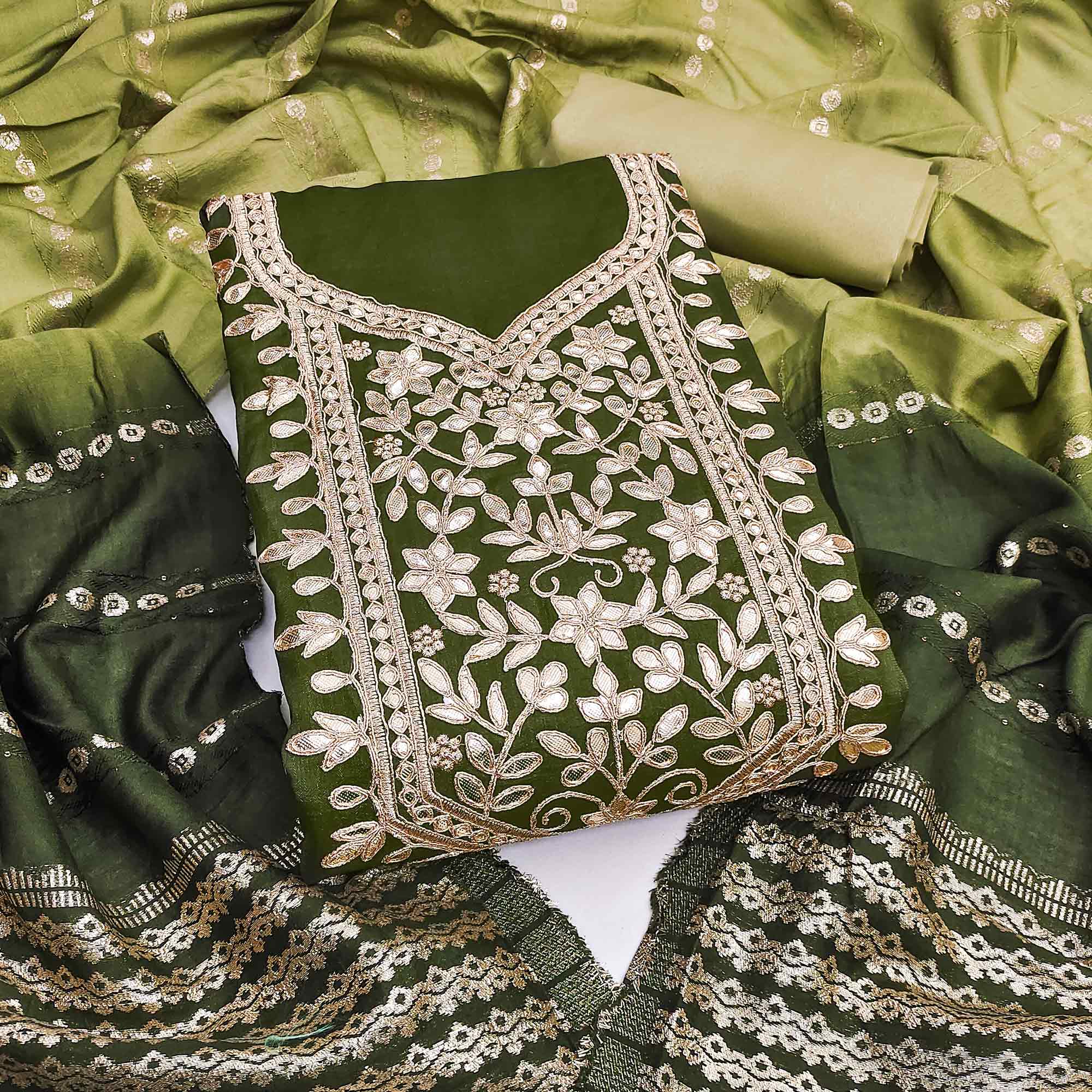 Mehendi Green Vichitra Silk Dress Material With Exquisite Floral Embroidery & Gota Patti Accents