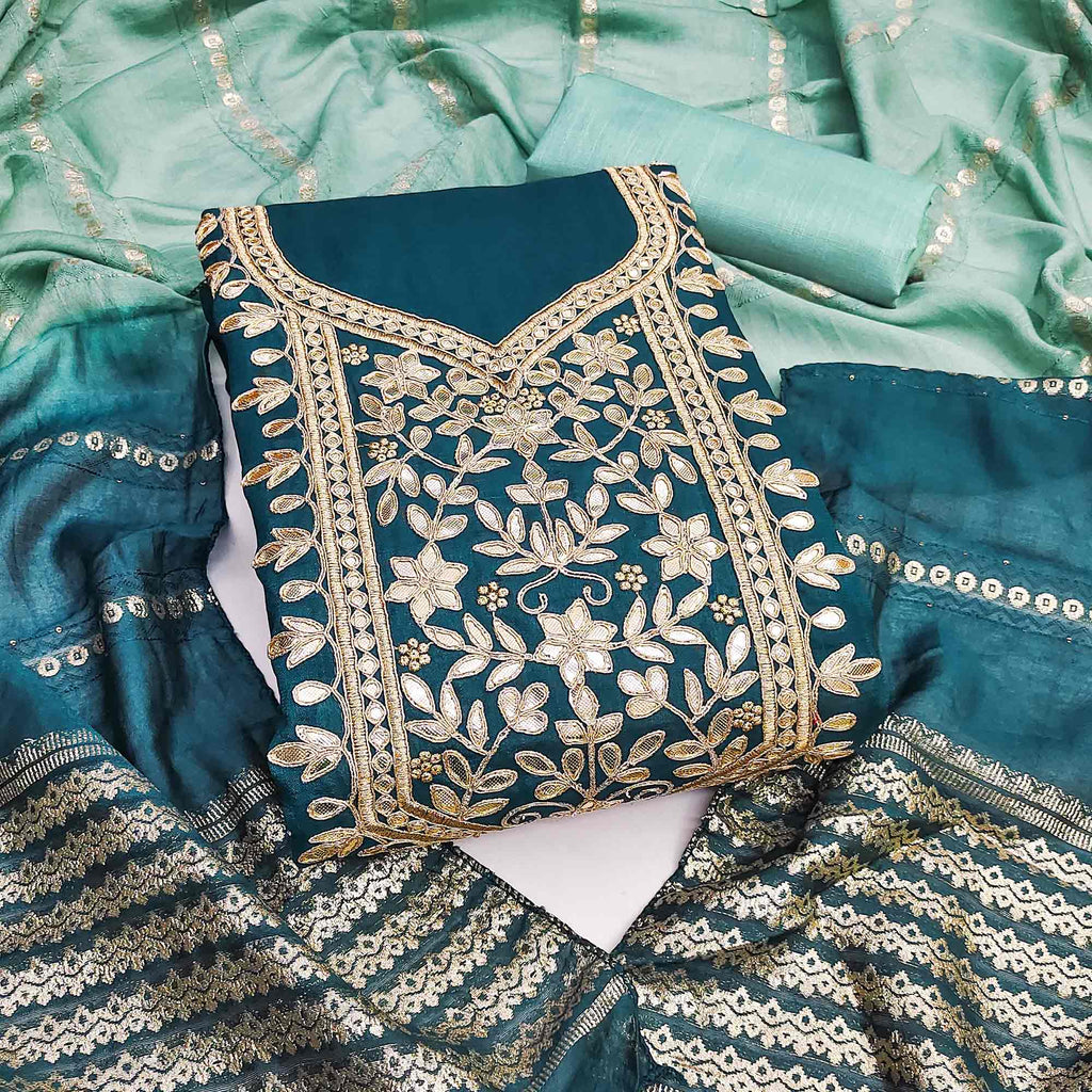 Morpich Blue Vichitra Silk Dress Material With Exquisite Floral Embroidery & Gota Patti Accents