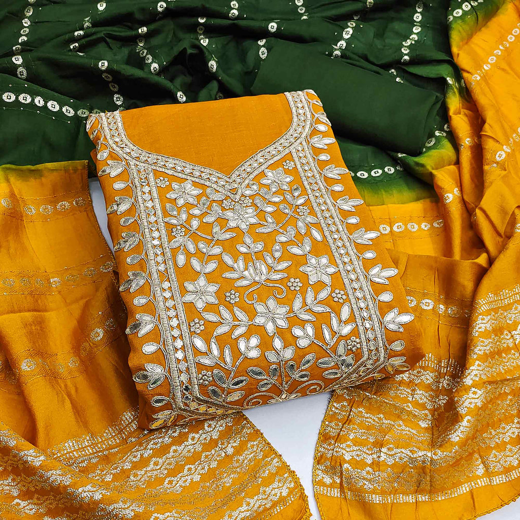 Mustard Vichitra Silk Dress Material With Exquisite Floral Embroidery & Gota Patti Accents