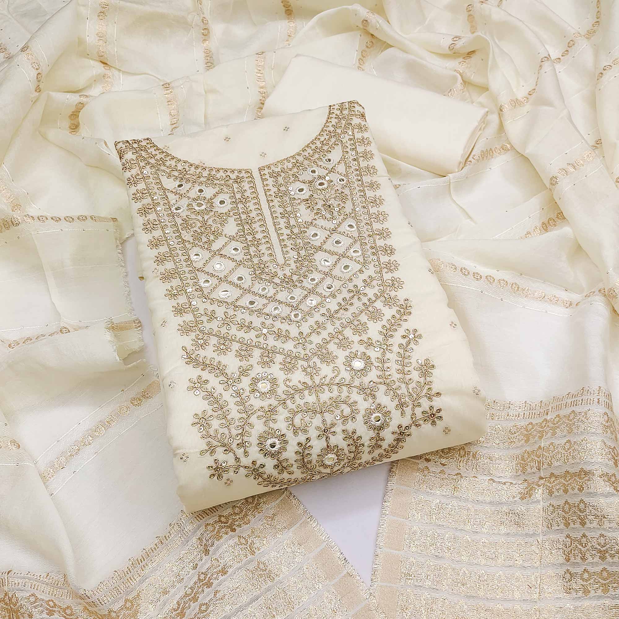 Offwhite Chanderi Silk Dress Material With Intricate Floral Sequins Embroidery & Butti Work